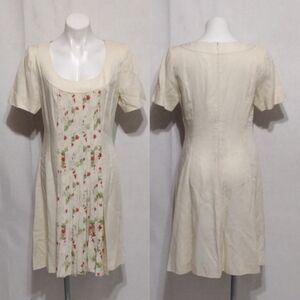 Jacques Fath Linen Blend Shift Dress Floral Pleated Panel 14 NWT Designer Luxe